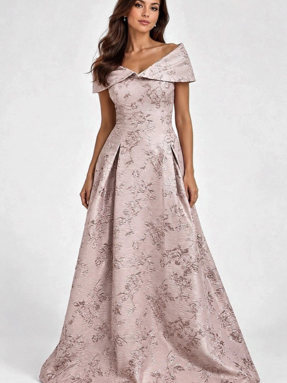Teri Jon Rickie Freeman Pink Metallic Floral Jacquard Off Shoulder Maxi Dress 8